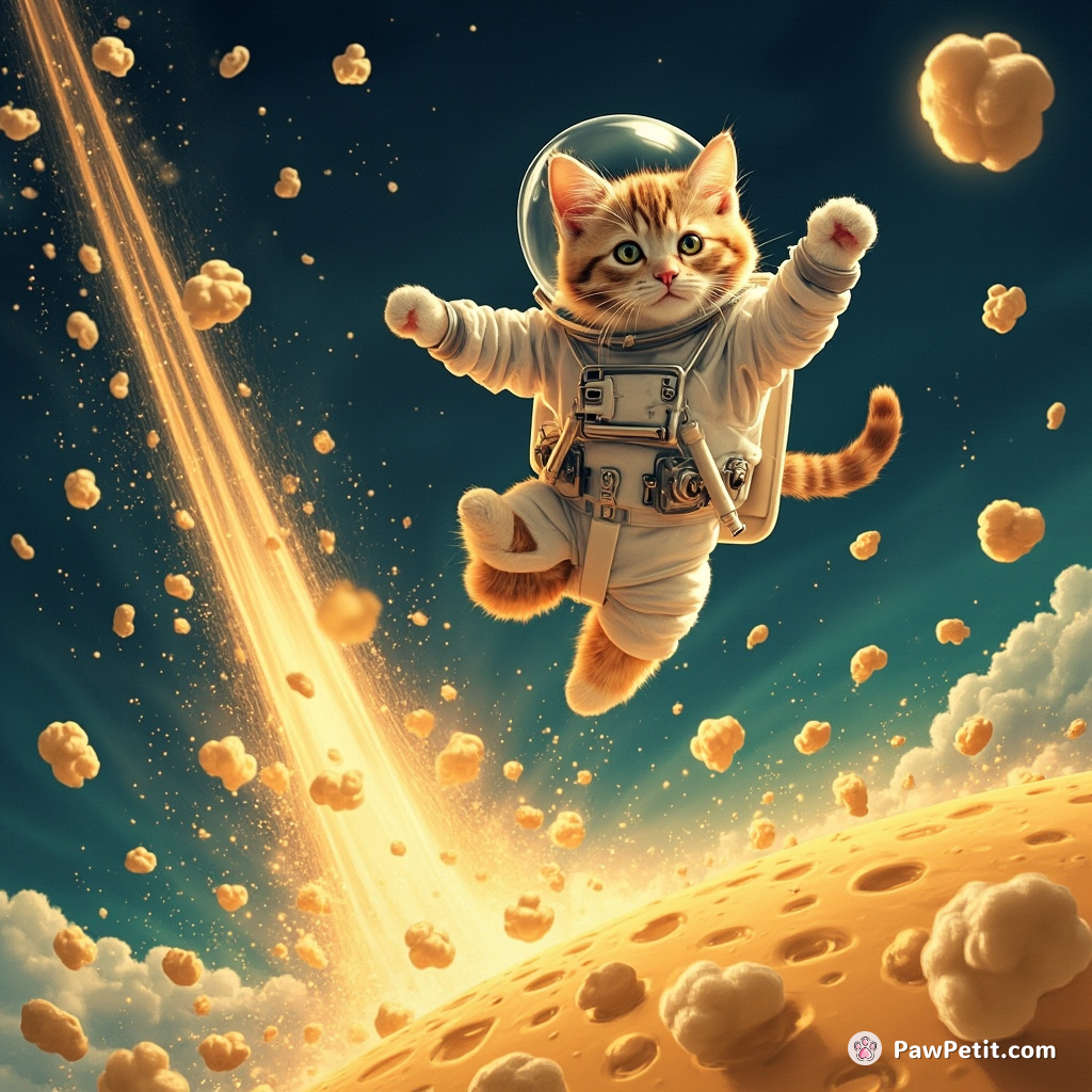 Feline astronaut leaping off a cheese moon with popcorn meteor shower.