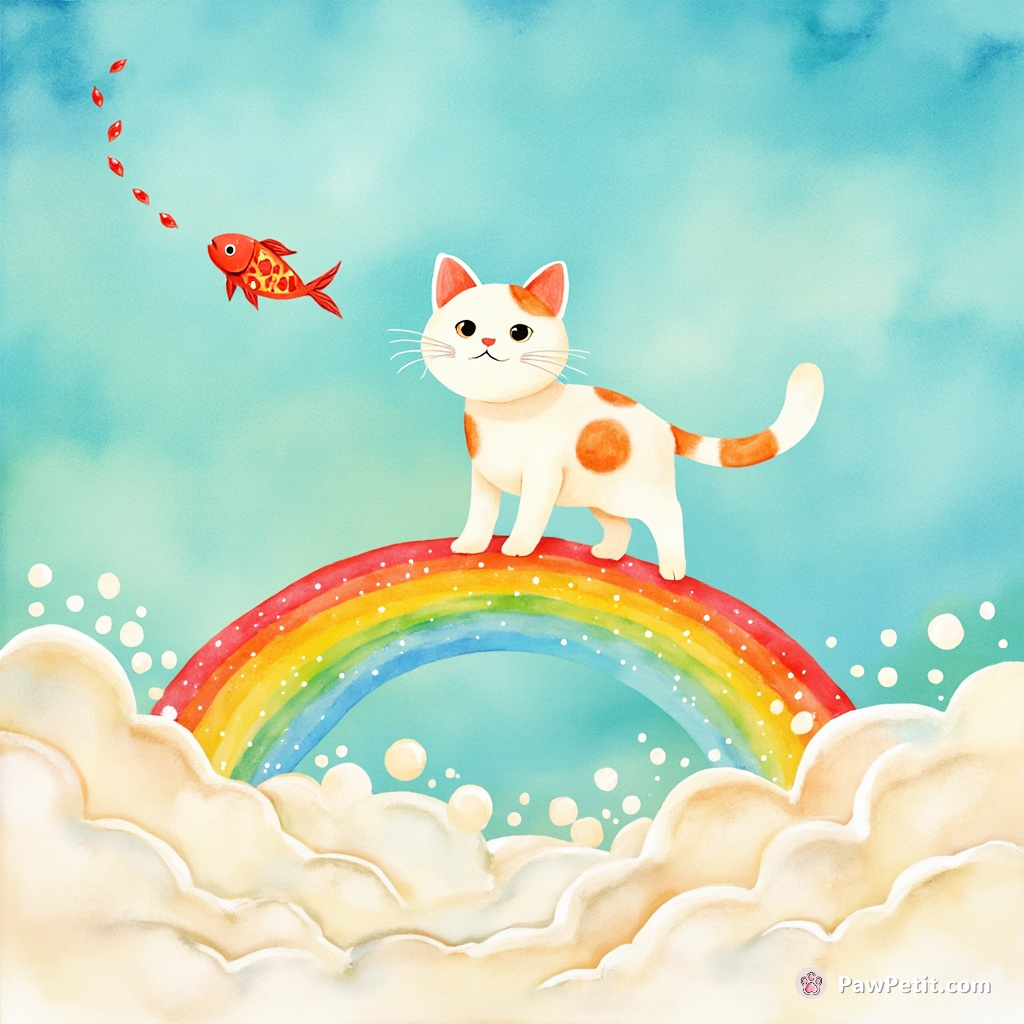 A calico cat balancing on a narrow rainbow over an ocean of shimmering milk, chasing a flying fish made of jewels.