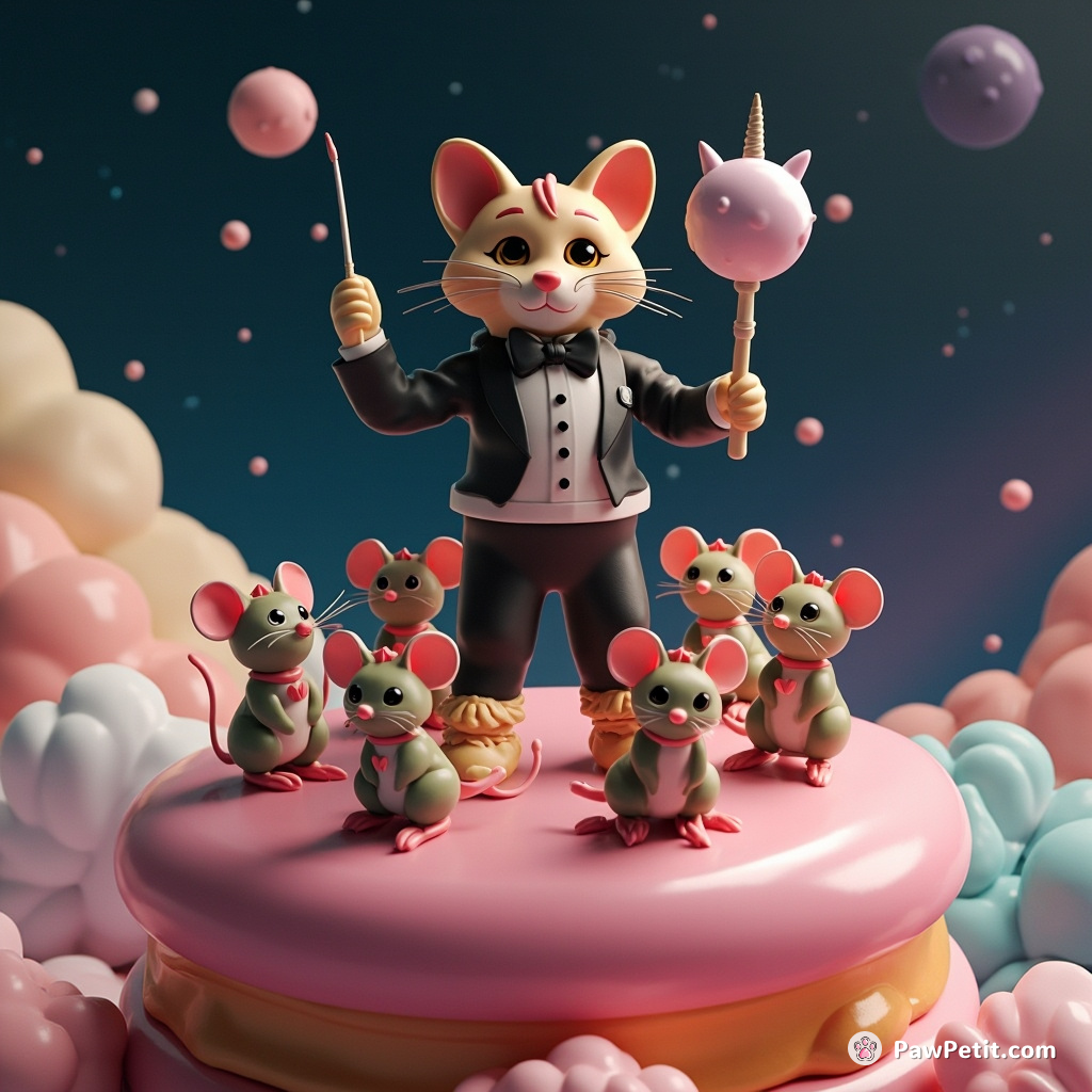 A tuxedo cat conducting a symphony of mice with a unicorn hair baton on top of giant cellophane macaron in outer space