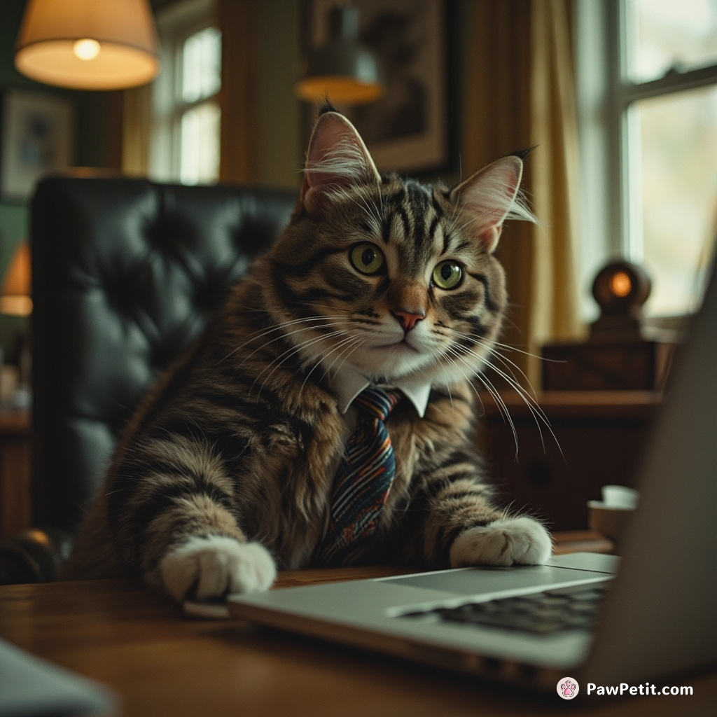 Cat, posing as CEO, sabotages meeting by batting laptop off table with a well-timed paw swipe.
