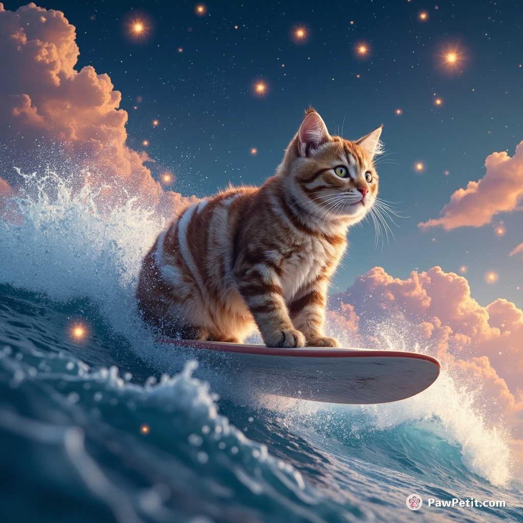 Cat surfer riding a cinnamon bun wave under taffy-colored skies filled with tuna fish stars.
