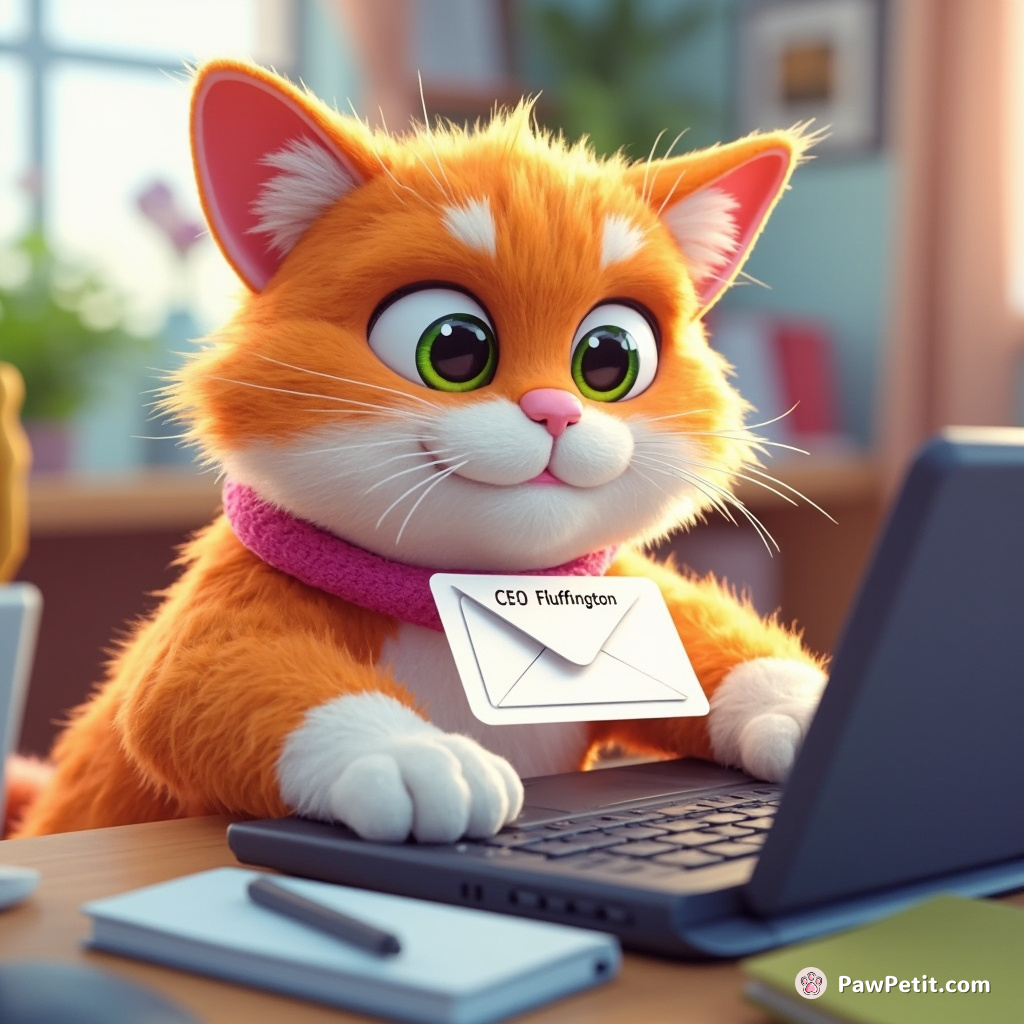A cat commandeers a laptop, sending emails as "CEO Fluffington," paws flying across the keyboard.