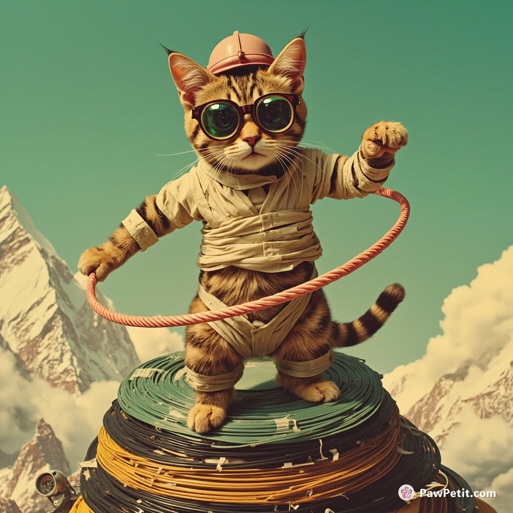 A reclaimed surveillance cat wearing a straitjacket, hula hooping on a Everest-like pile of records in 1970s pop art style.