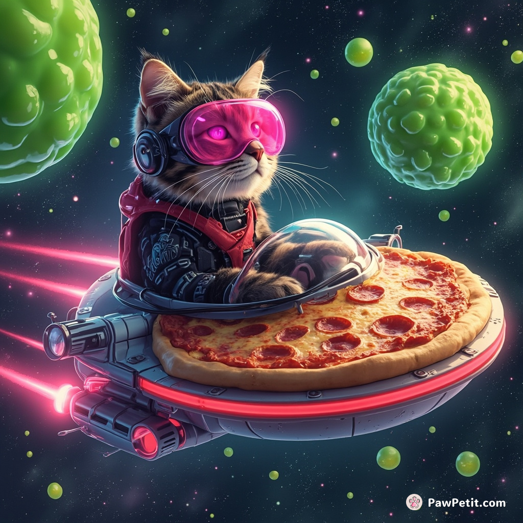Cybernetic cat piloting a pizza-shaped spaceship through a sparkling lime jello nebula.