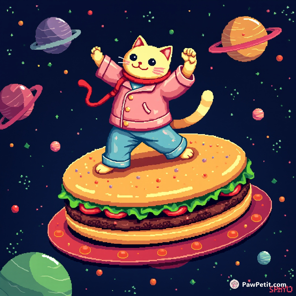 Cat practicing Tai Chi on a floating cheeseburger in space.