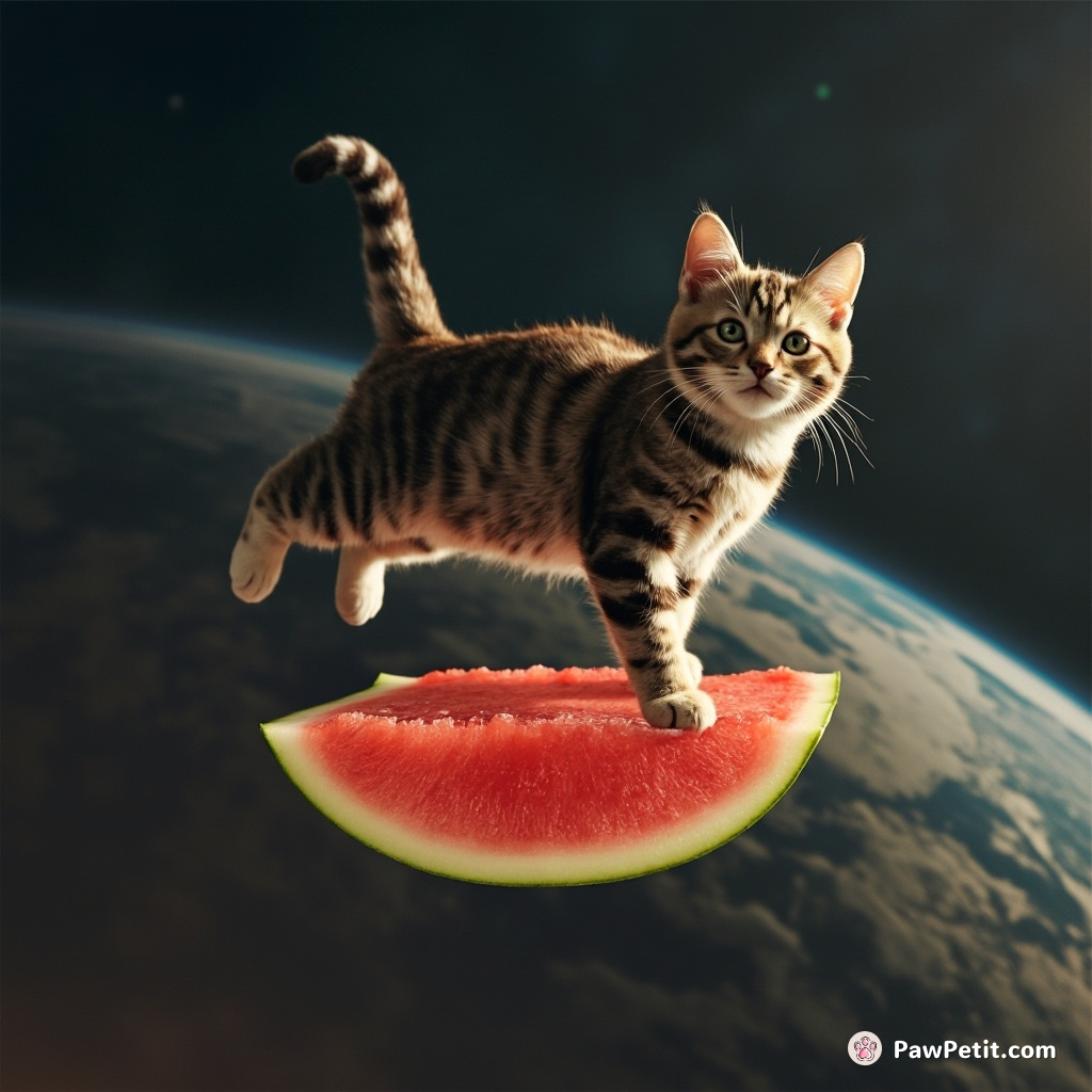 A cat gracefully dancing ballet on a floating piece of watermelon in outer space.