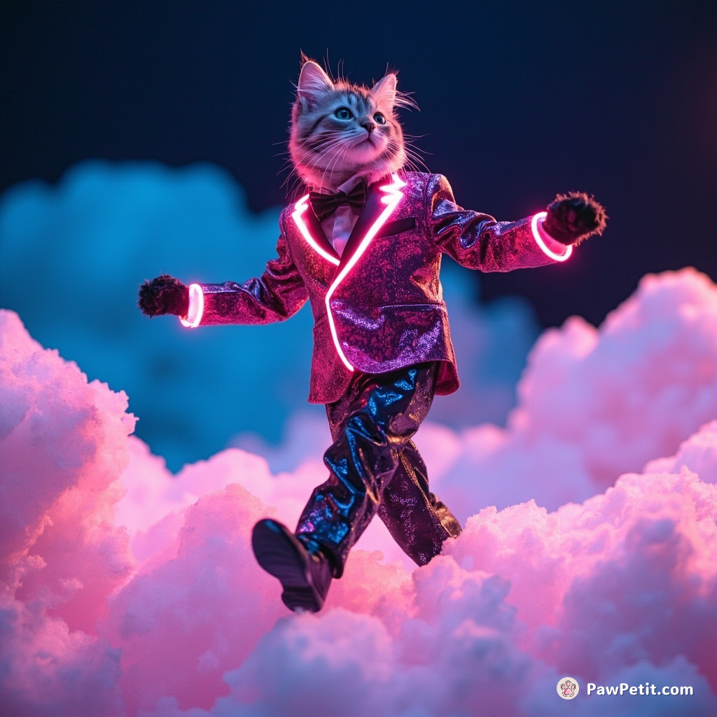 Cat wearing a neon tuxedo, moon-walking on marshmallow clouds.