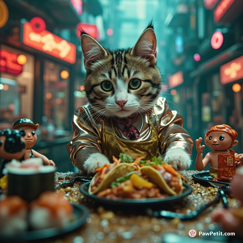 A gourmet cat chef in a flashy uniform frantically serving fish tacos to miniature sushi people in a bustling underwater micro city.