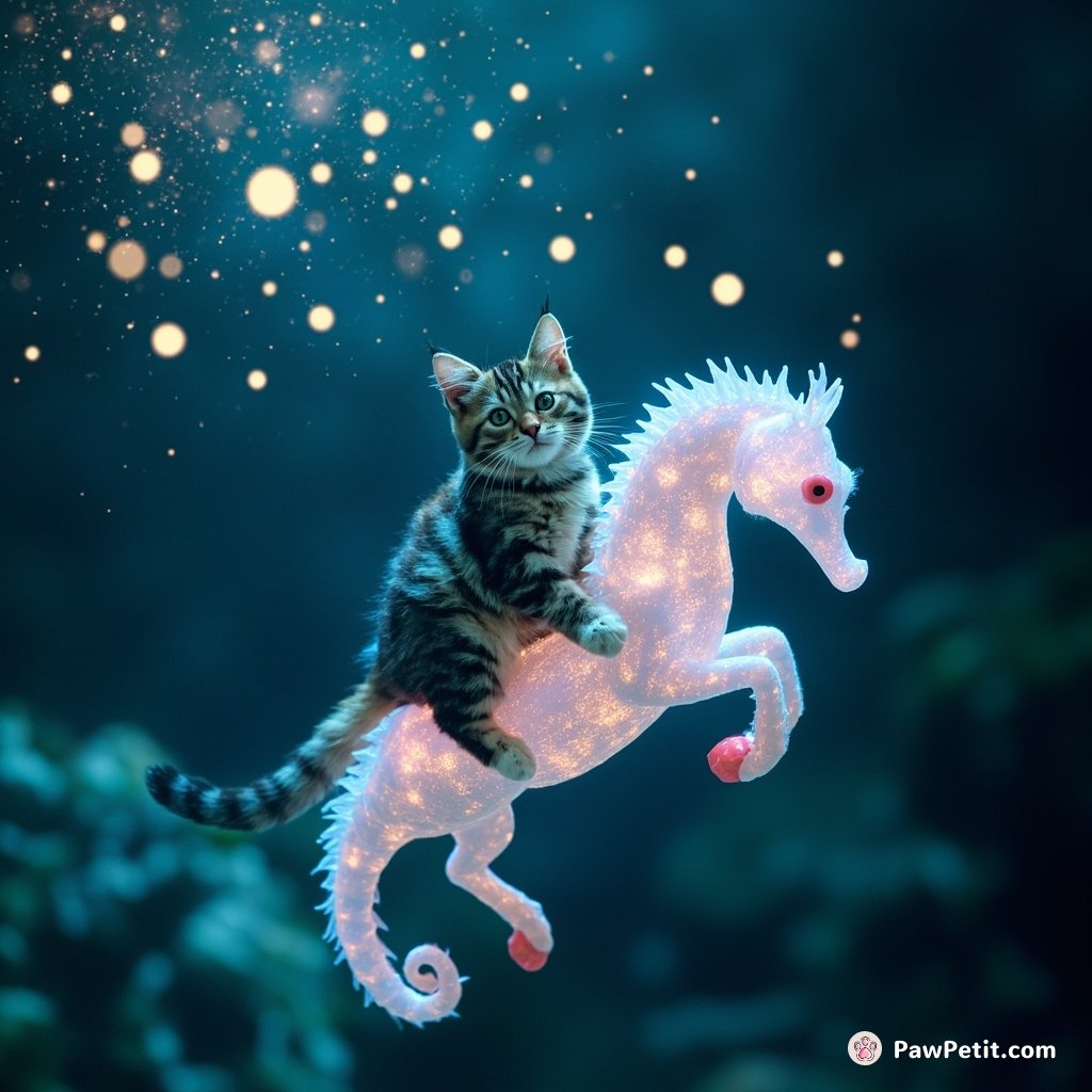 Cat riding a fluorescent seahorse underwater while juggling tiny galaxies.