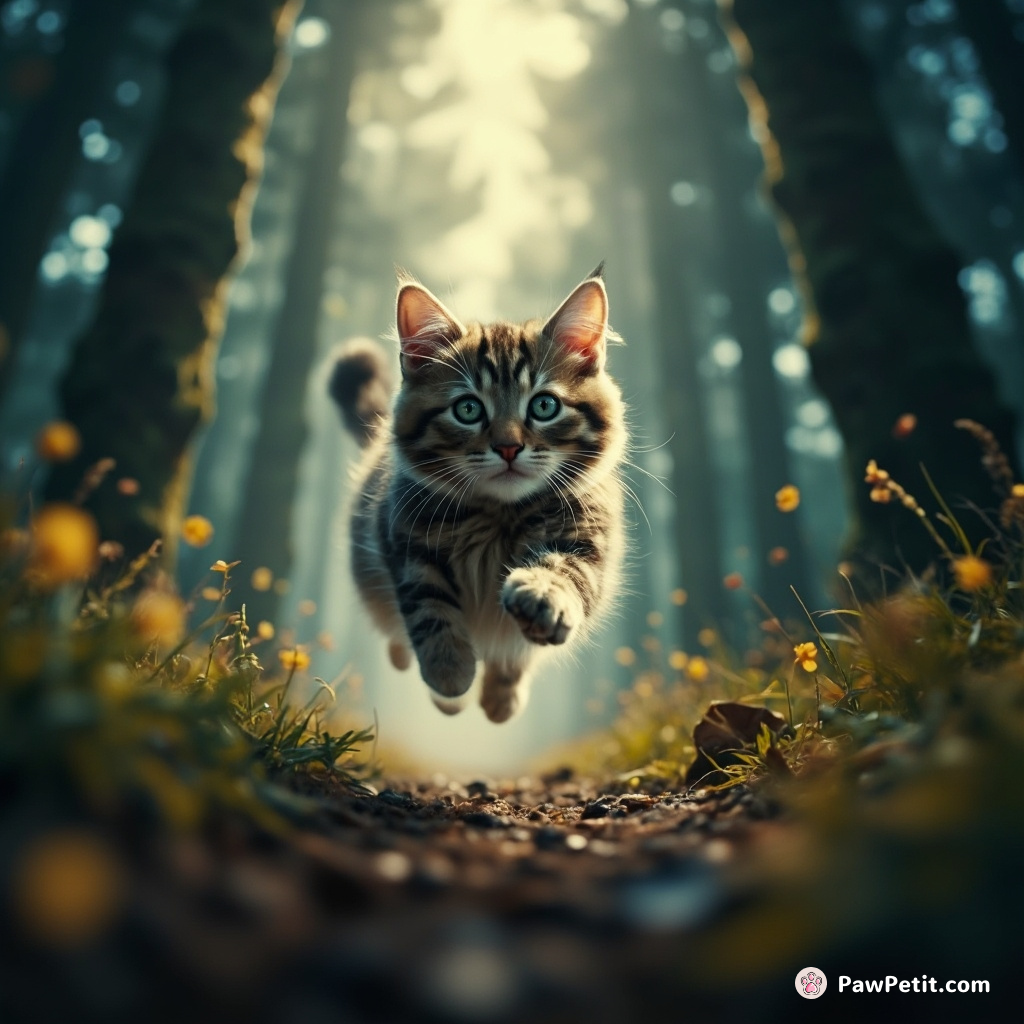 The courageous cat leaps gracefully through the enchanted forest, chasing the shimmering trail of the elusive moonbeam.