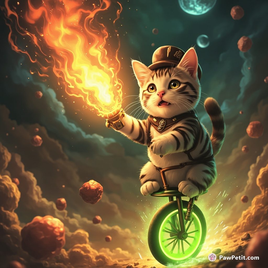 A Tabby cat performing a mystical fire-breathing act on a gravity-defying lime-green unicycle in an otherworldly cosmic circus.