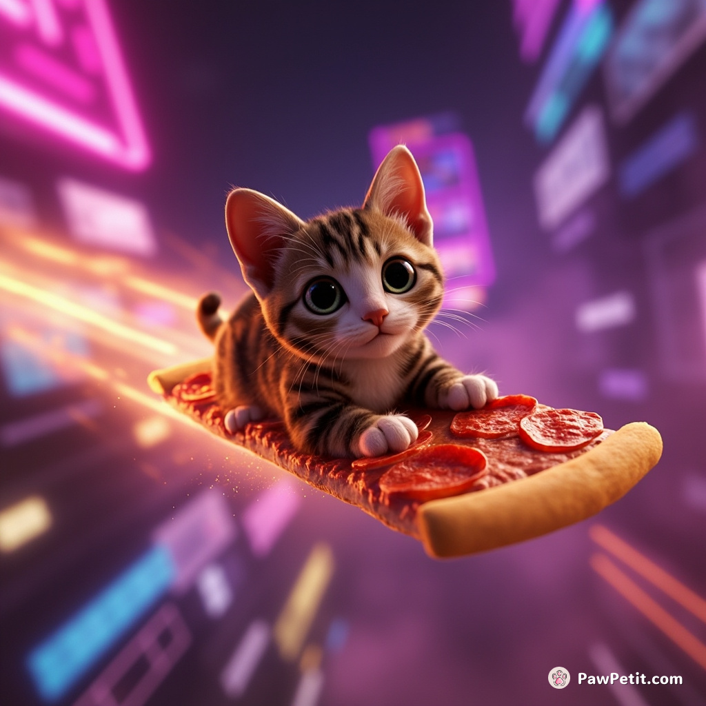 Cat flying through a glowing neon cityscape on a slice of pepperoni pizza.