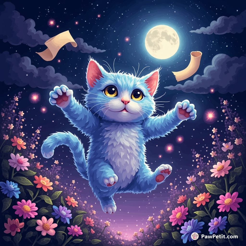 A cat spectrally shimmering, moonlight-colors on its fur, levitating over a luminescent-bloom midnight garden while it juggles parchment scrolls with spell-casting paws.