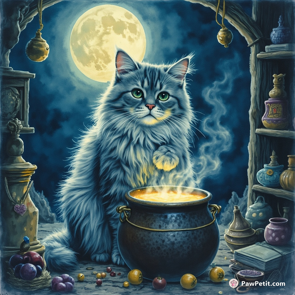 A four-eyed giant blue Himalayan cat stirring a cauldron of luminescent liquid in a haphazardly organized wizard's den under the full moon.