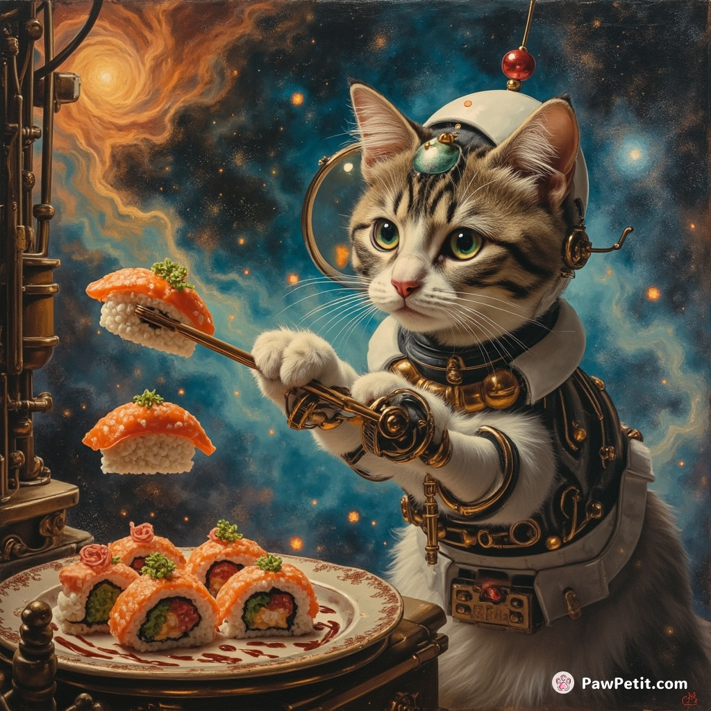 Cybernetic cat teleporting sushi in a zero-gravity steampunk space-kitchen amidst swirling nebulae.