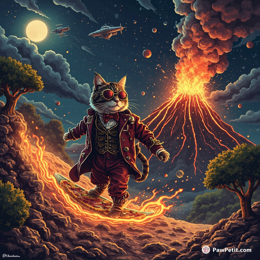 A Victorian-style cat steampunk inventor surfing a sizzling cheese-pizza in an erupting Mt. Vesuvius volcano, under moonlit night-elm quantum starship spheres.