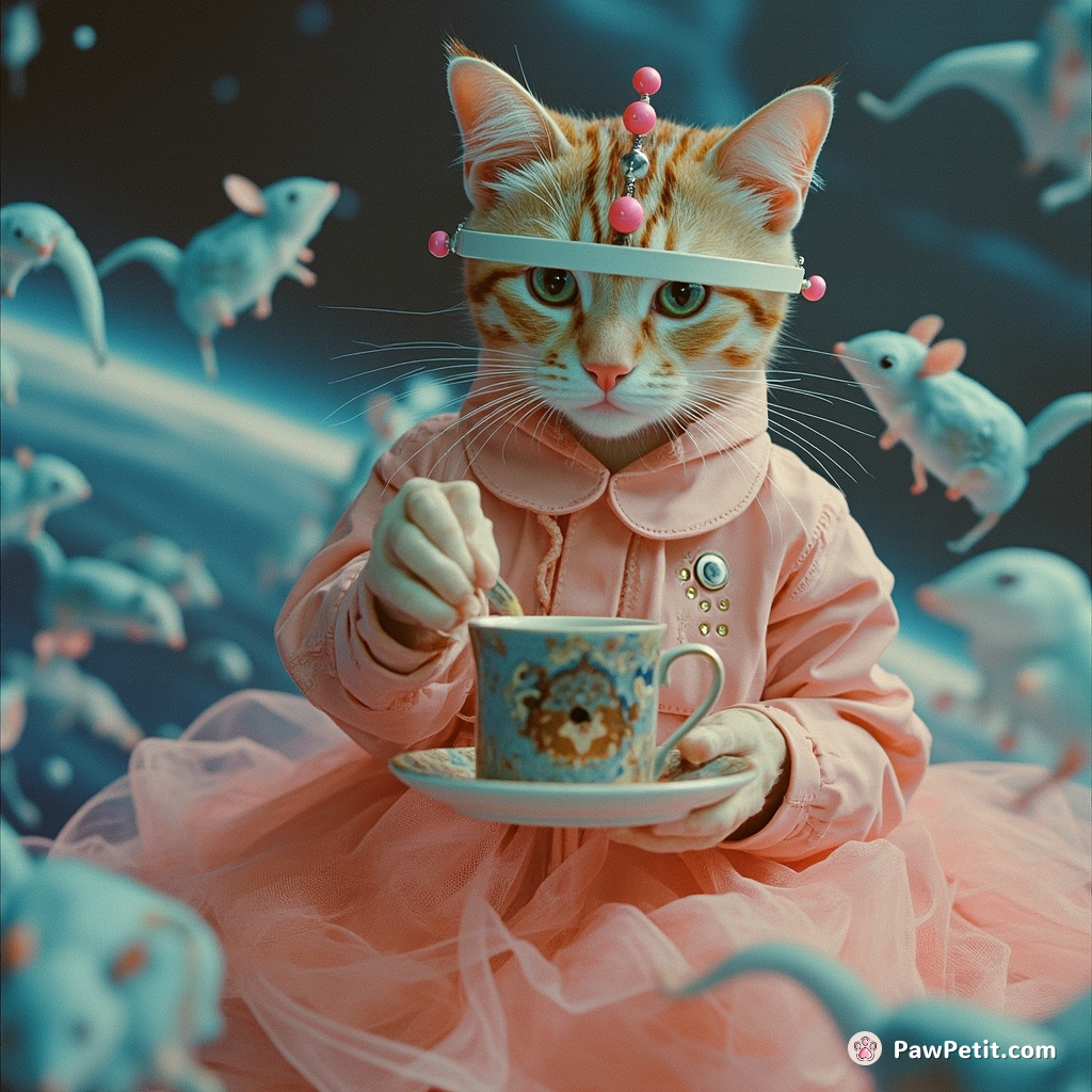 A cybernetic cat serving tea in zero gravity while blue mice spin and twirl around her.