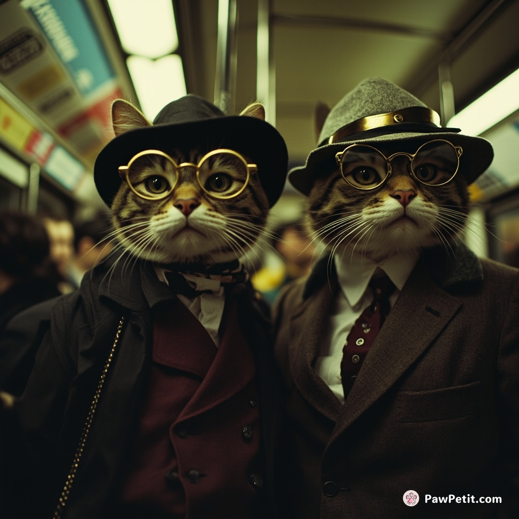 Cats, disguised in dazzling hats and glasses, stealthily boarding the subway for their subterranean bureaucratic 9-to-5 jobs.