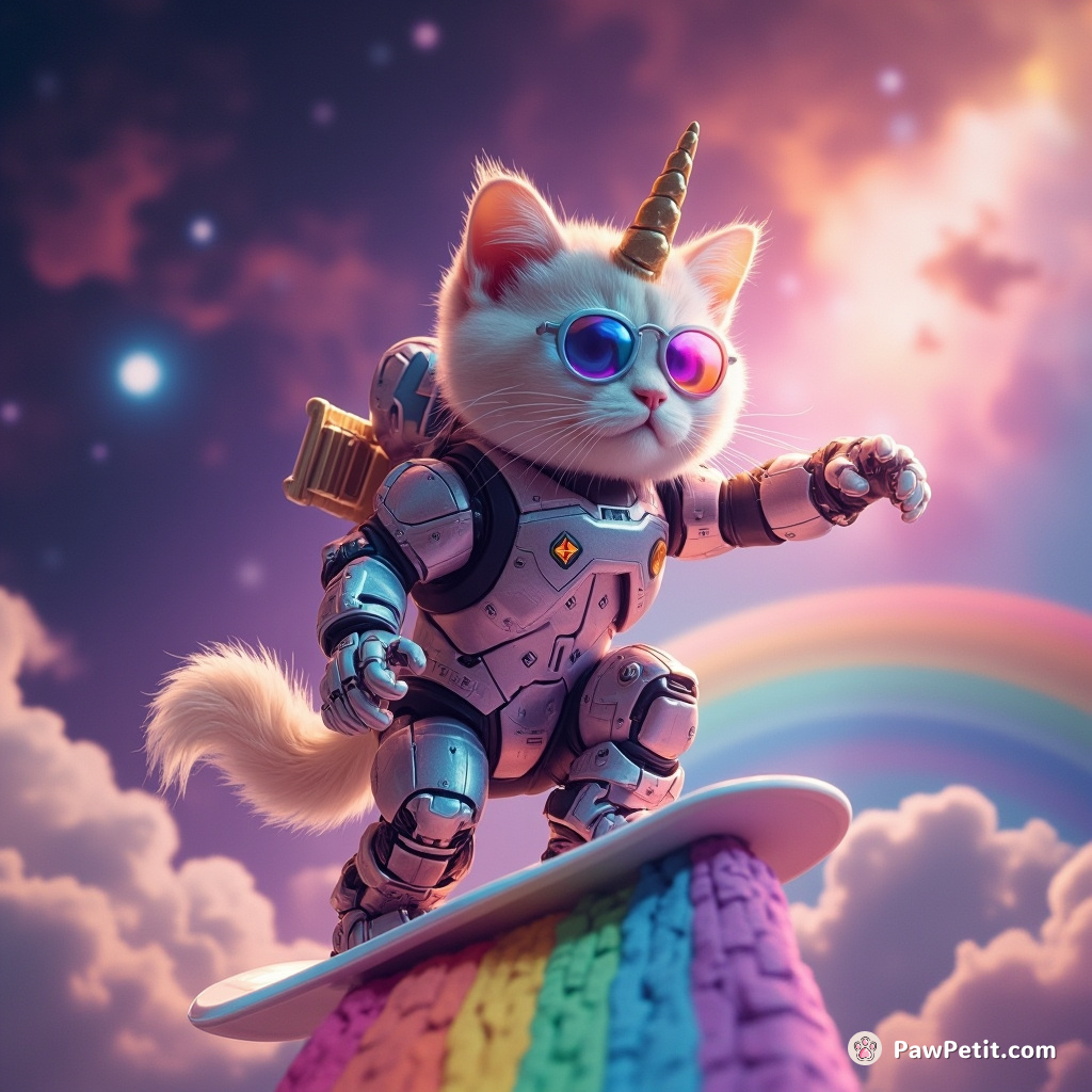 Cyborg cat surfing on a Unicorn rainbow in a galaxy candyland.