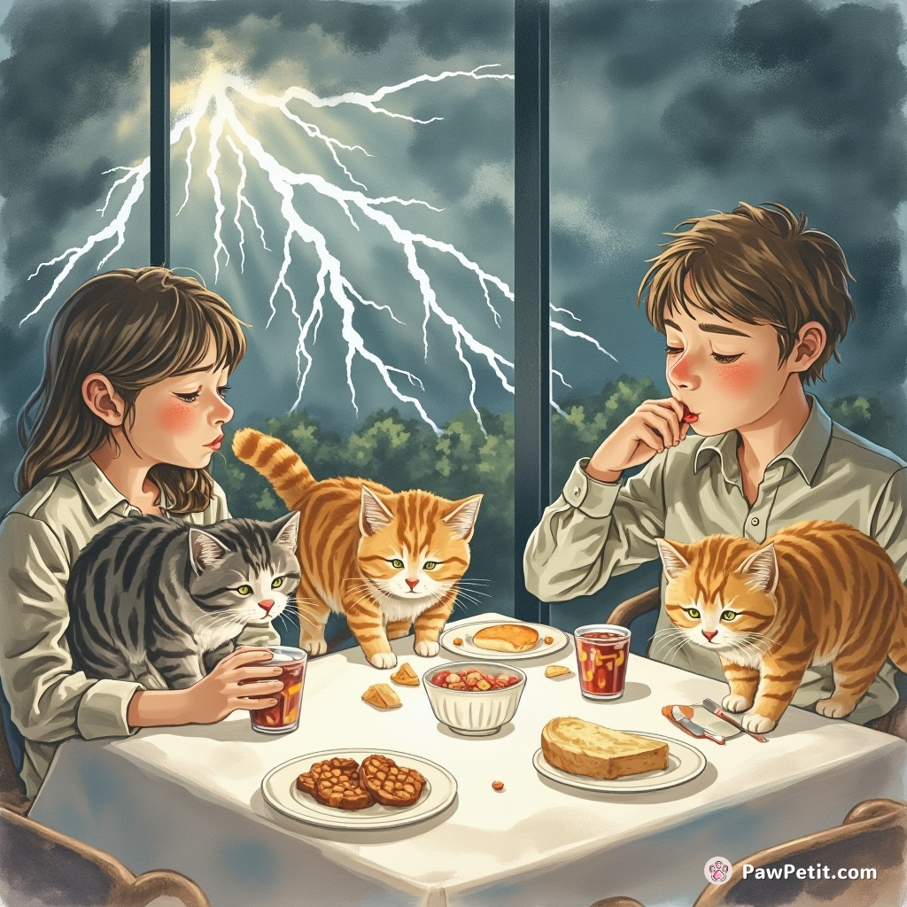 Cats stealthily swipe food from dinner tables while humans are distracted by a sudden thunderstorm.