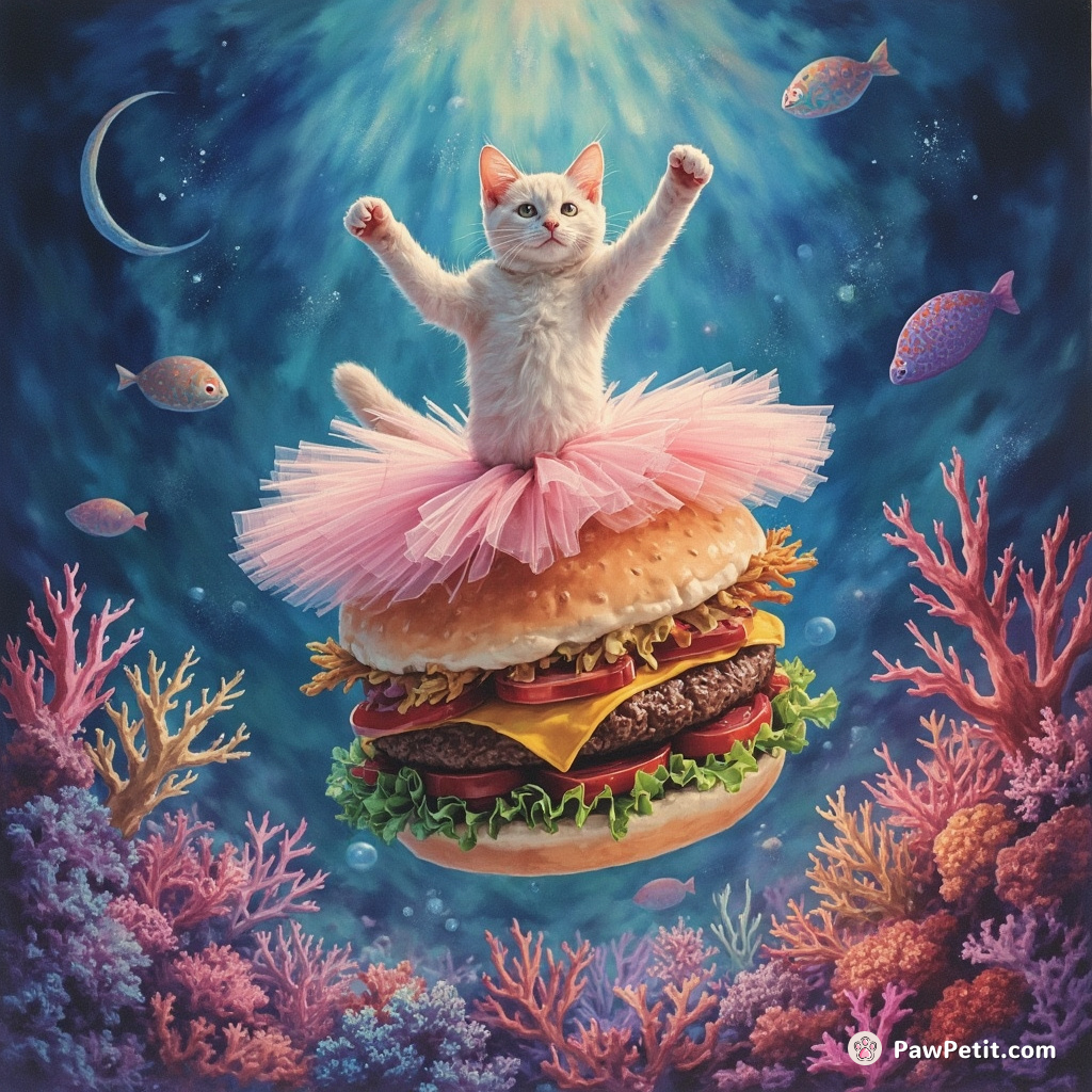 A ballerina cat gracefully twirling on a giant rainbow-colored cheeseburger in a neon-lit coral reef.