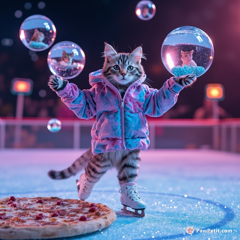 A shimmering galaxy cat ice-skating on a glistening pizza rink, whilst juggling tiny spherical aquariums with feline mermaids inside.