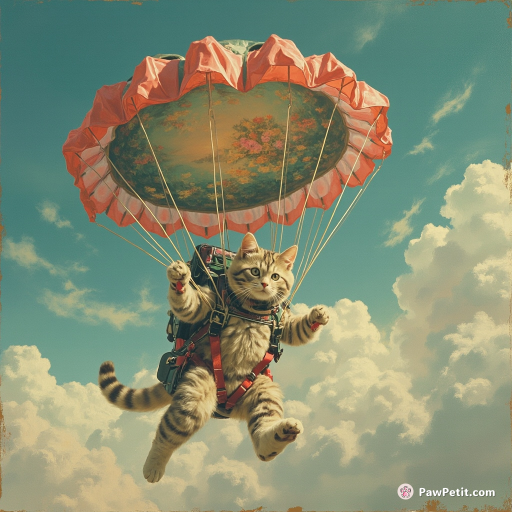 Cybernetic cat skydiving from alien mothership, using a Monet painting as a parachute.