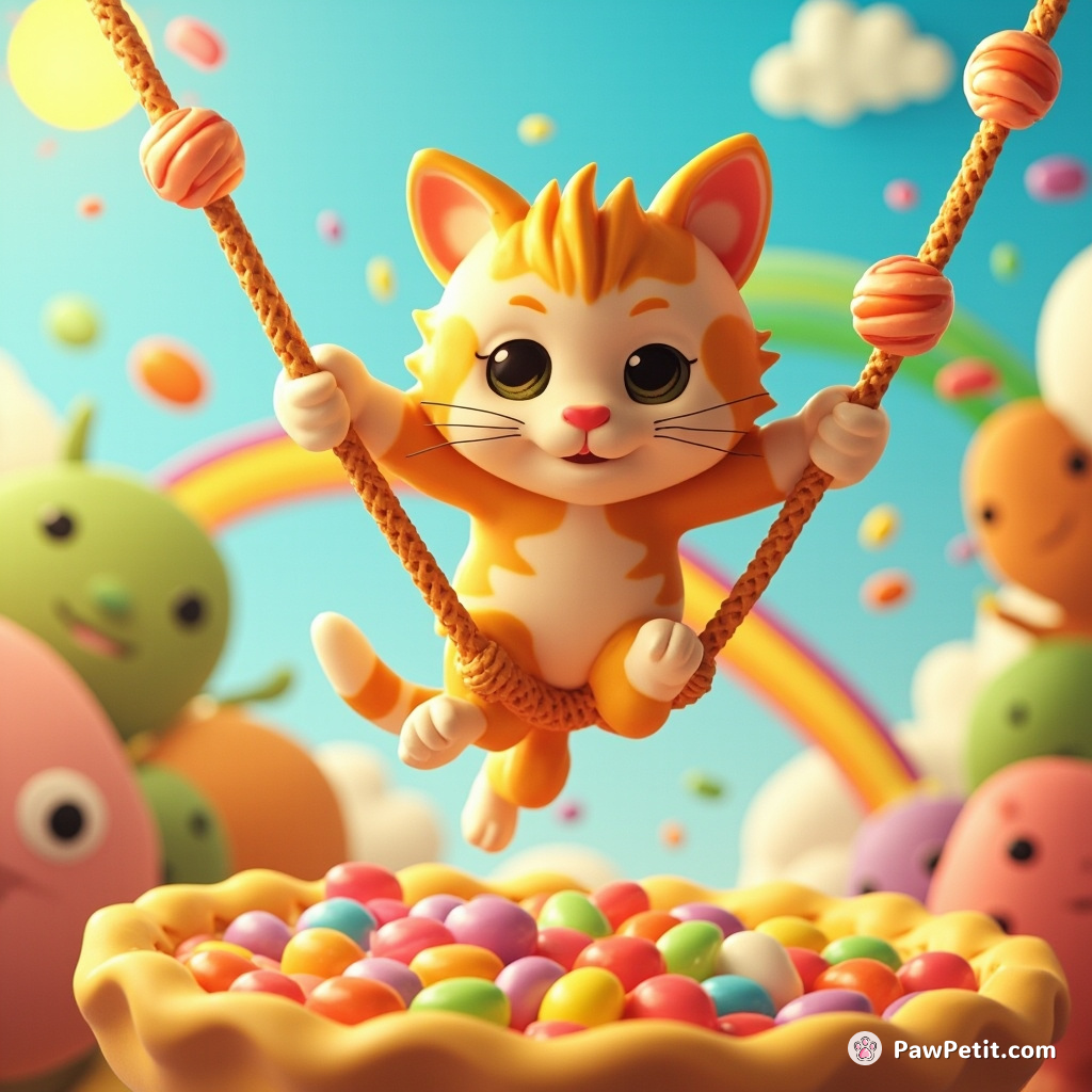 Cat bungee jumping off a rainbow bridge made of jelly beans, into a pie filled with savannah sunshine.