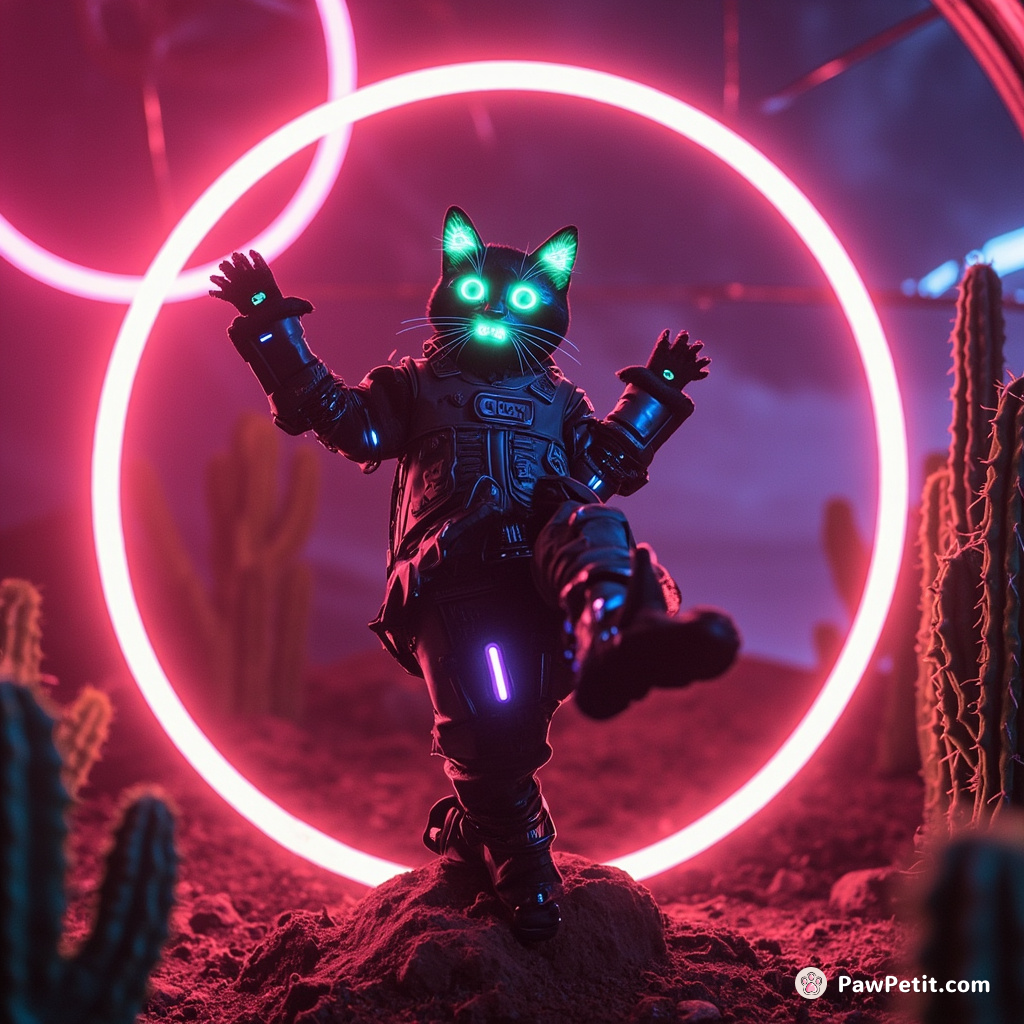 Cyborg cat performing a digital flamenco dance atop a neon cactus in a biodome on Mars.