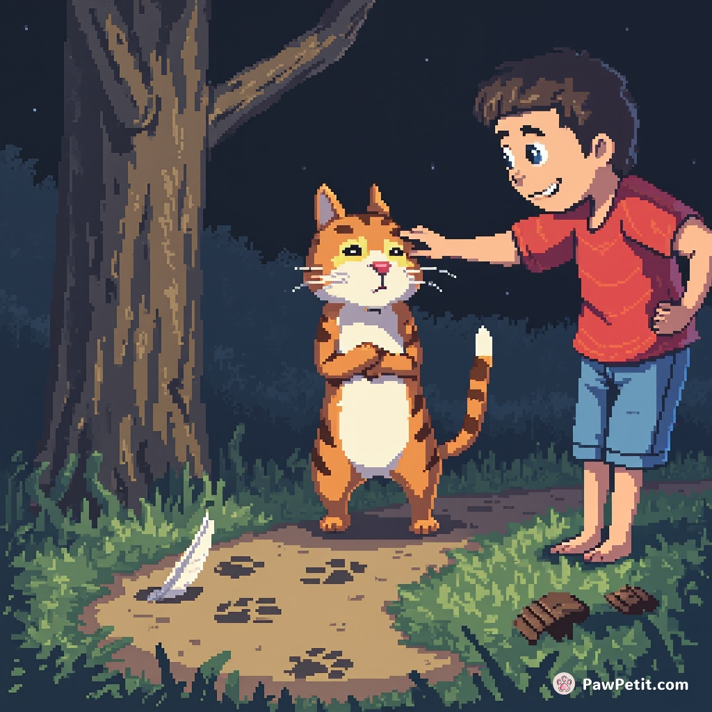 Cat stealthily taps human's shoulder, vanishes as human turns around, leaving only a trail of paw prints and a feather.
