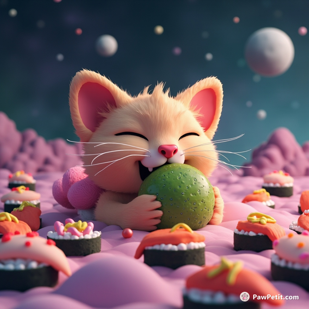 A fat cat with flamingo wings eating a green meteorite on a bed of floating sushi in outer space