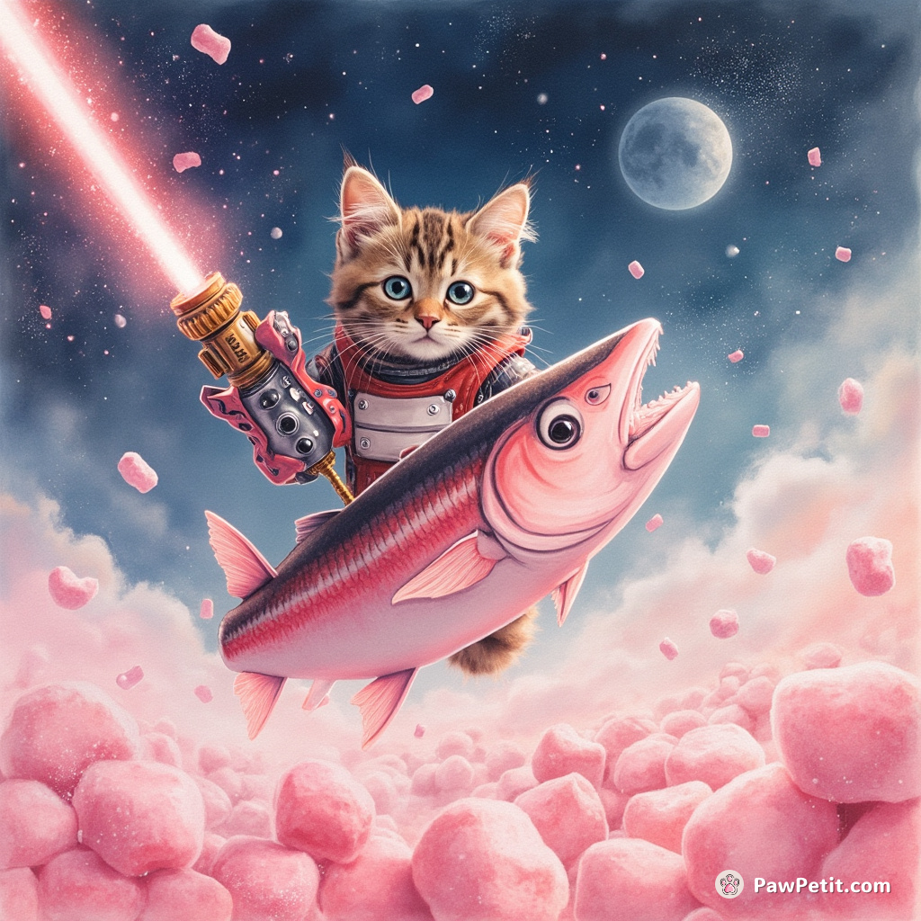 A cyborg cat welding a tuna-shaped spaceship using laser beams, on a sea of pink, glittery marshmallows in zero gravity.