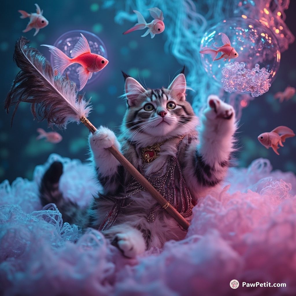 A cat conducting an otherworldly symphony with a giant feather wand, amid ethereal fish floating in bubbles.