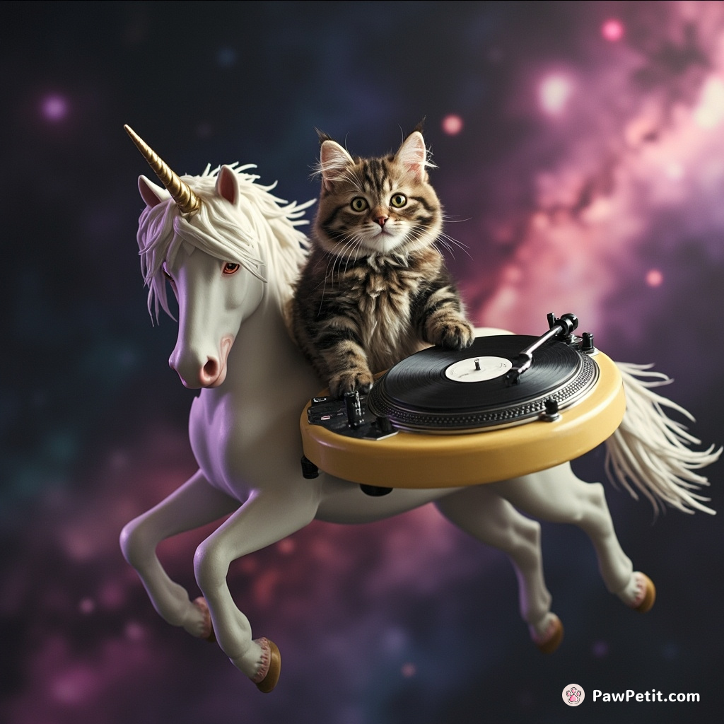 Cat DJing on a cheese wheel turntable atop a flying unicorn in space.