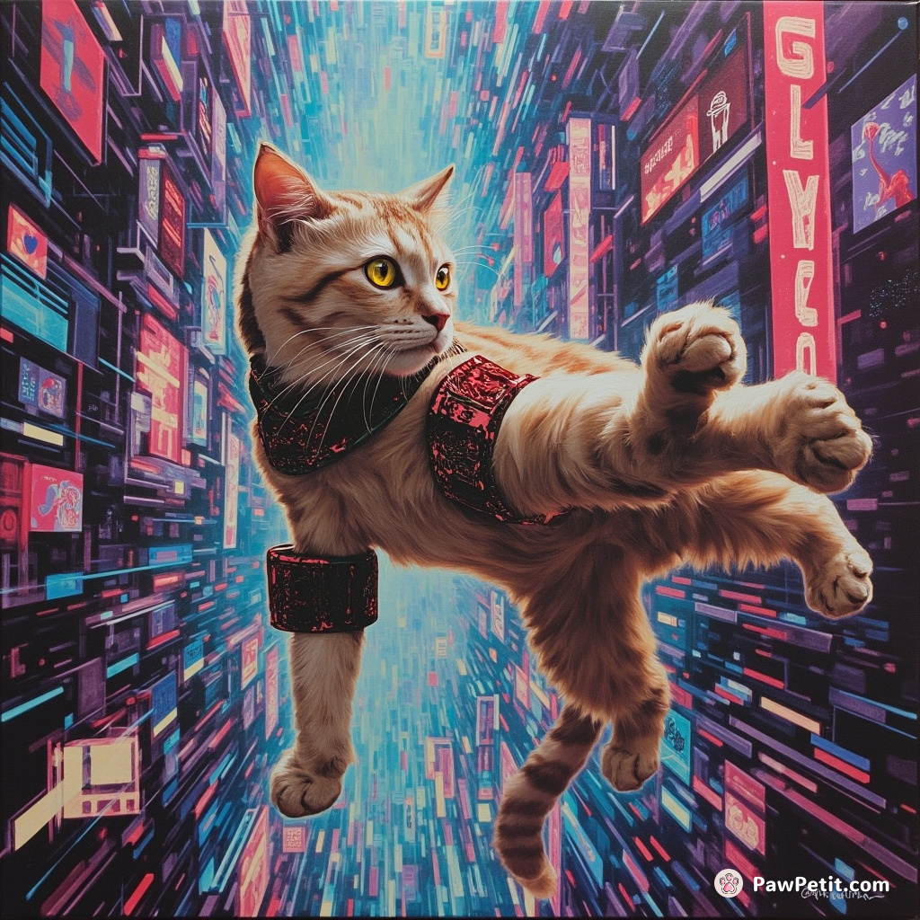 Adrift in pixelated vertigo, a psychedelic feline navigates a holographic metropolis with acrobatic grace and lustrous defiance.