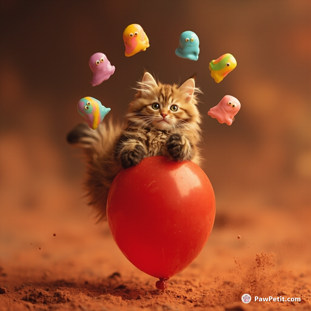 A cat floating on a balloon while juggling mini rainbow ghosts on Mars.