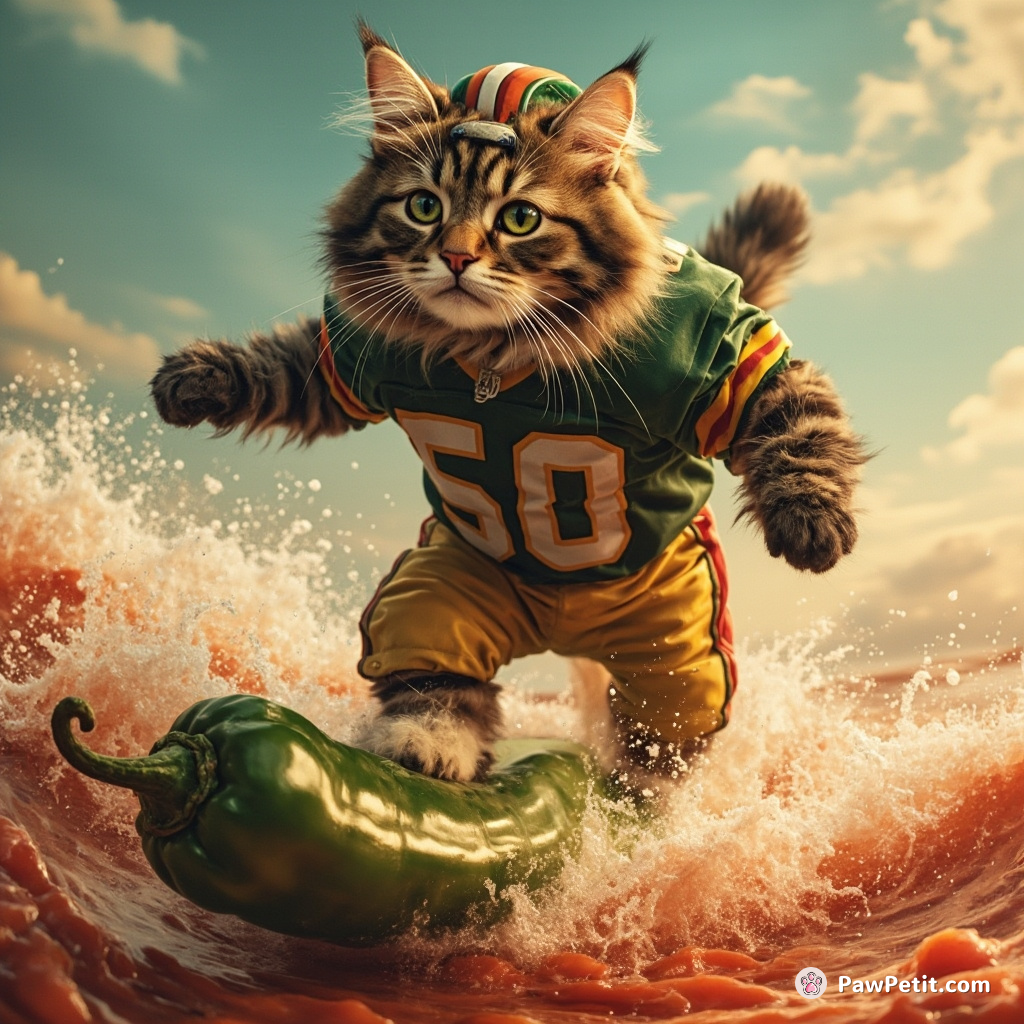 Cat surfing on a jalapeno across a sea of salsa while wearing an old-fashioned quarterback uniform.
