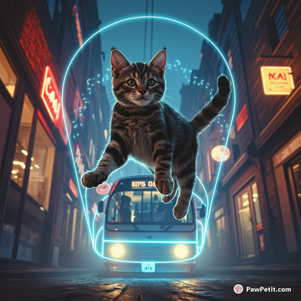 A cat leaps between glowing holograms, balancing on a levitating tram, then vanishes into a neon-lit alley.