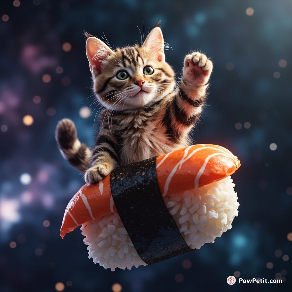 A cat disco-dancing on a floating sushi roll in outer space.
