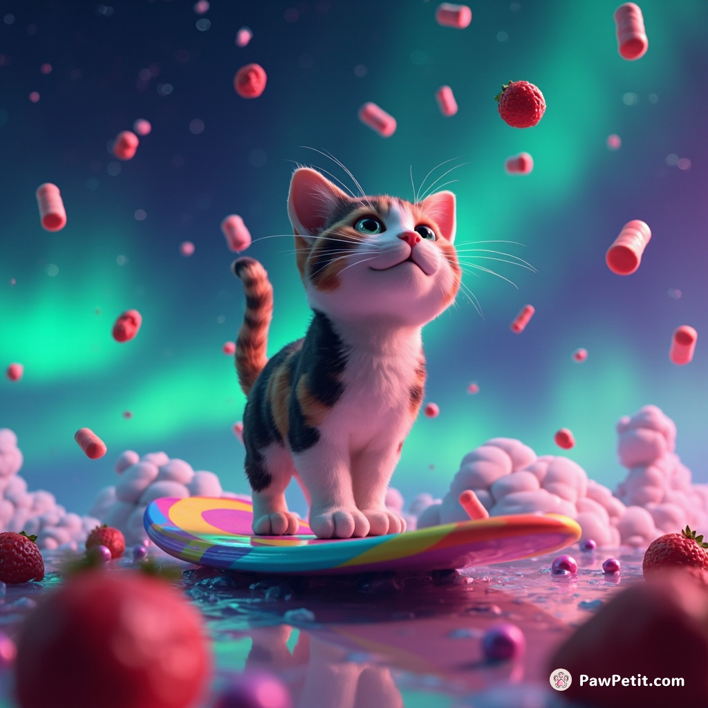 A calico cat juggling multicolored meteorites on a rainbow surfboard in a sea of strawberries under an aurora borealis sky.
