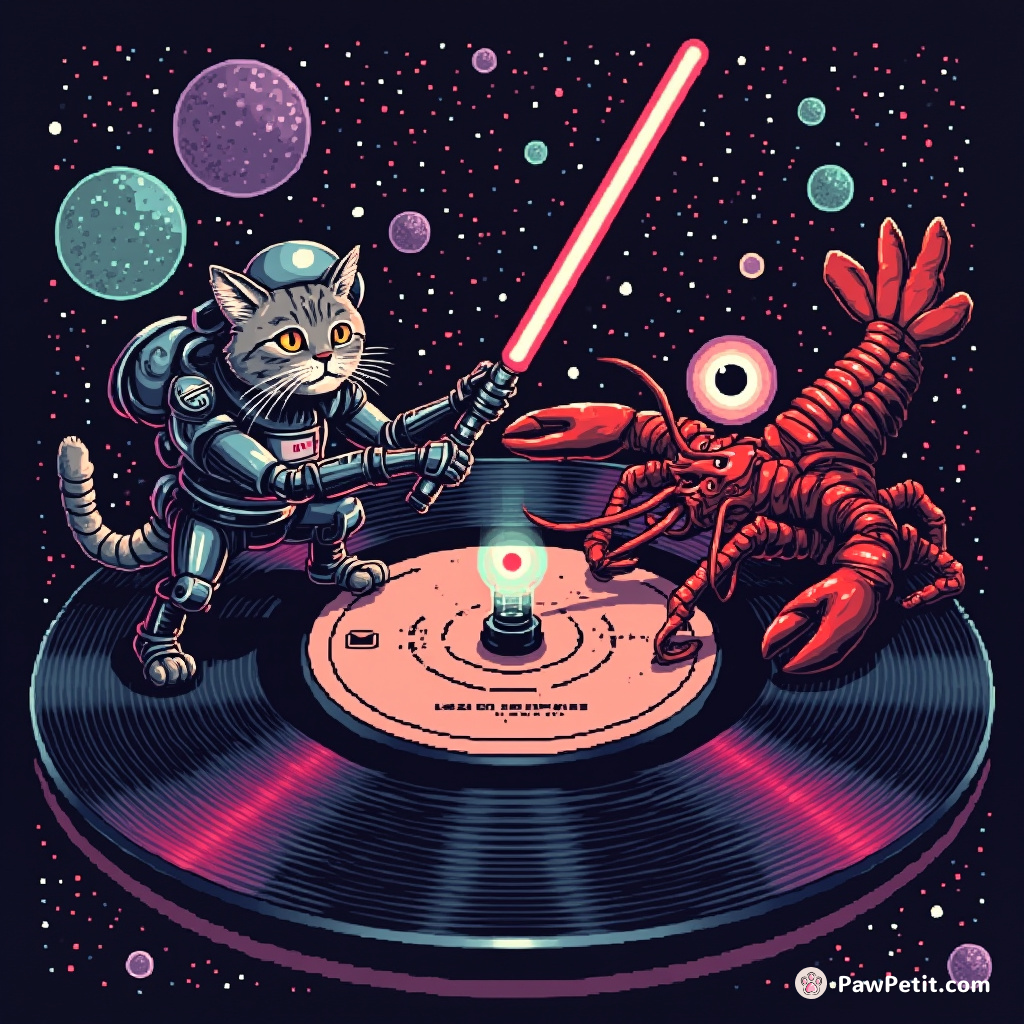 Cyborg cat having a lightsaber duel with an alien lobster on a spinning vinyl record in outer space.
