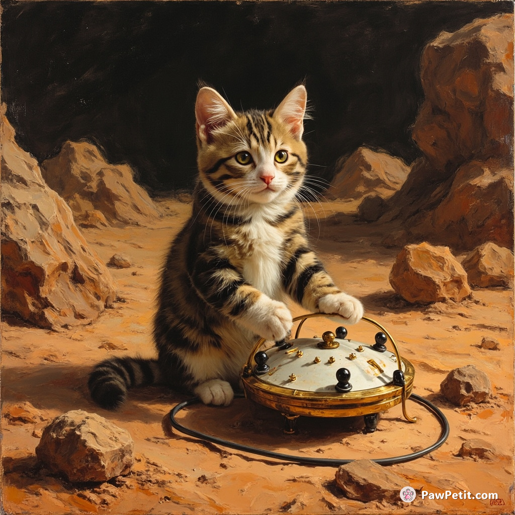 A cat playing a theremin on Mars, with Martian rocks as audience.