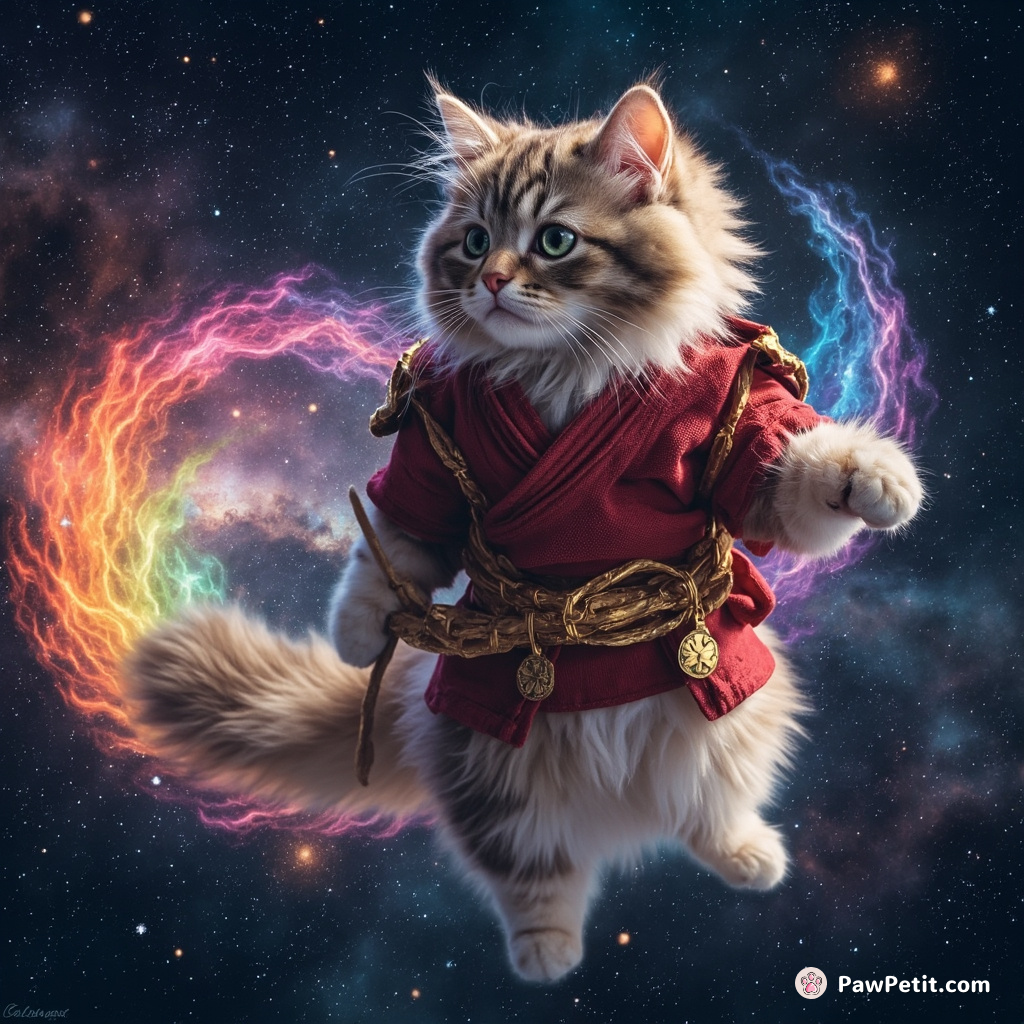 A cat in a samurai costume painting nebula flowers with its swirling rainbow tail in zero-gravity space.