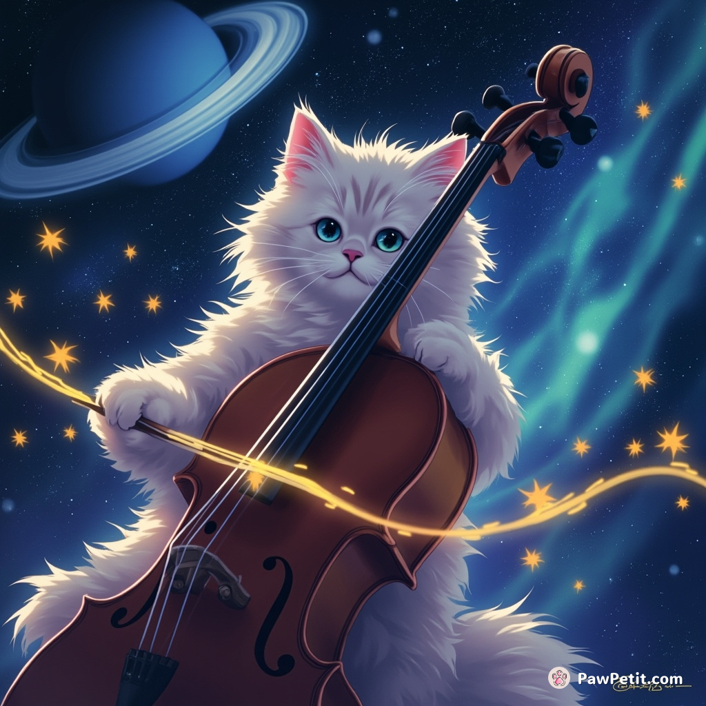 A Persian cat conducting a symphony of fireflies on a luminous cello under the vivid auroras of Saturn's rings.