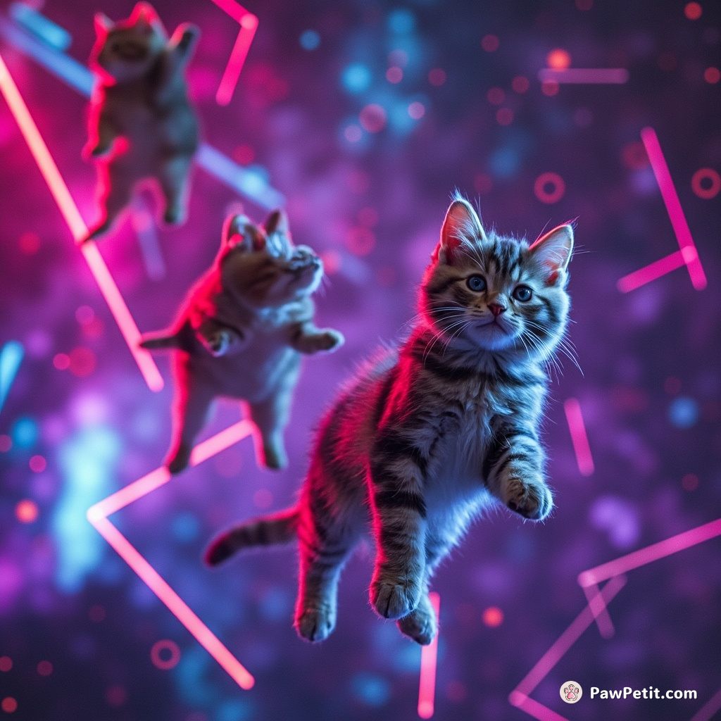 Flock of neon kittens skydiving through a vibrant geometric galaxy.