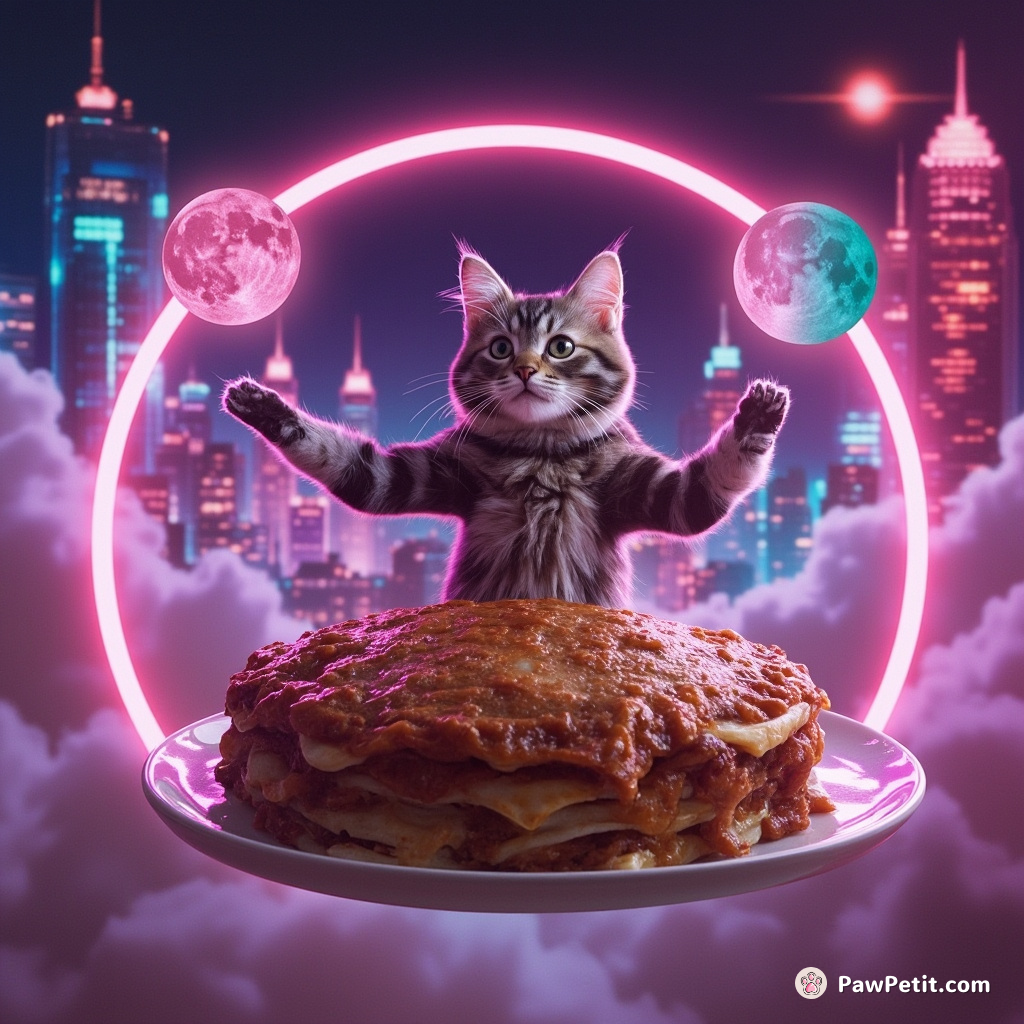 Cat juggling miniature moons on a giant floating lasagna in a neon circus skyline.
