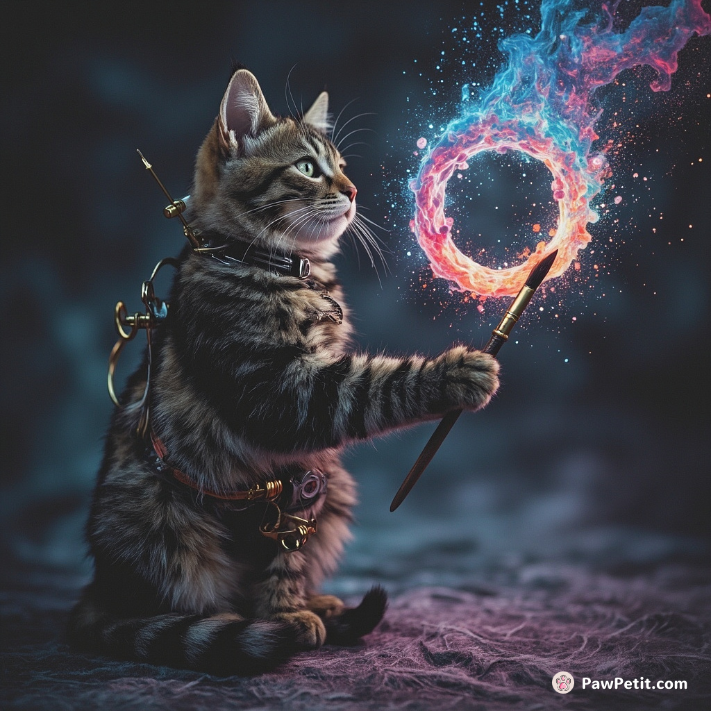 Steampunk feline painting a galaxy-splattered infinity symbol in mid-air using its technicolor tail as a brush.