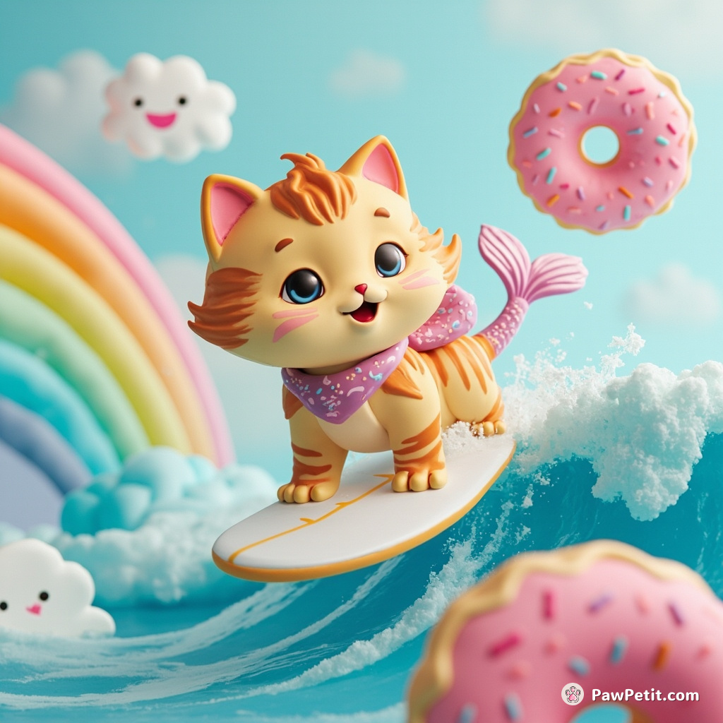 Cat using a mermaid tail to surf on rainbow-colored waves amidst smiling, doughnut-shaped clouds.