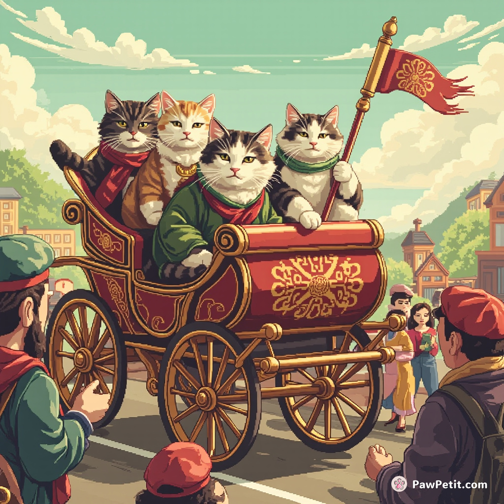 Cats majestically strut atop human-carried litters, issuing orders through satisfied purrs and dismissive tail flicks.