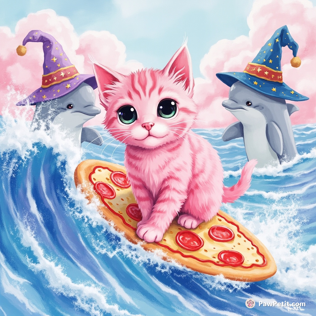 A neon pink cat surfing on a pizza slice amidst cotton candy waves with wizard hat-clad dolphins cheering in the backdrop.